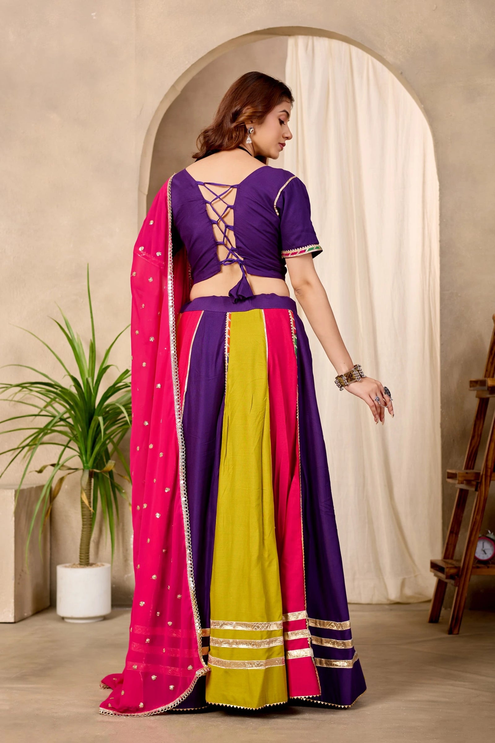 Multicolor Lehenga Back View Deep Dori Tie Up Choli KL177