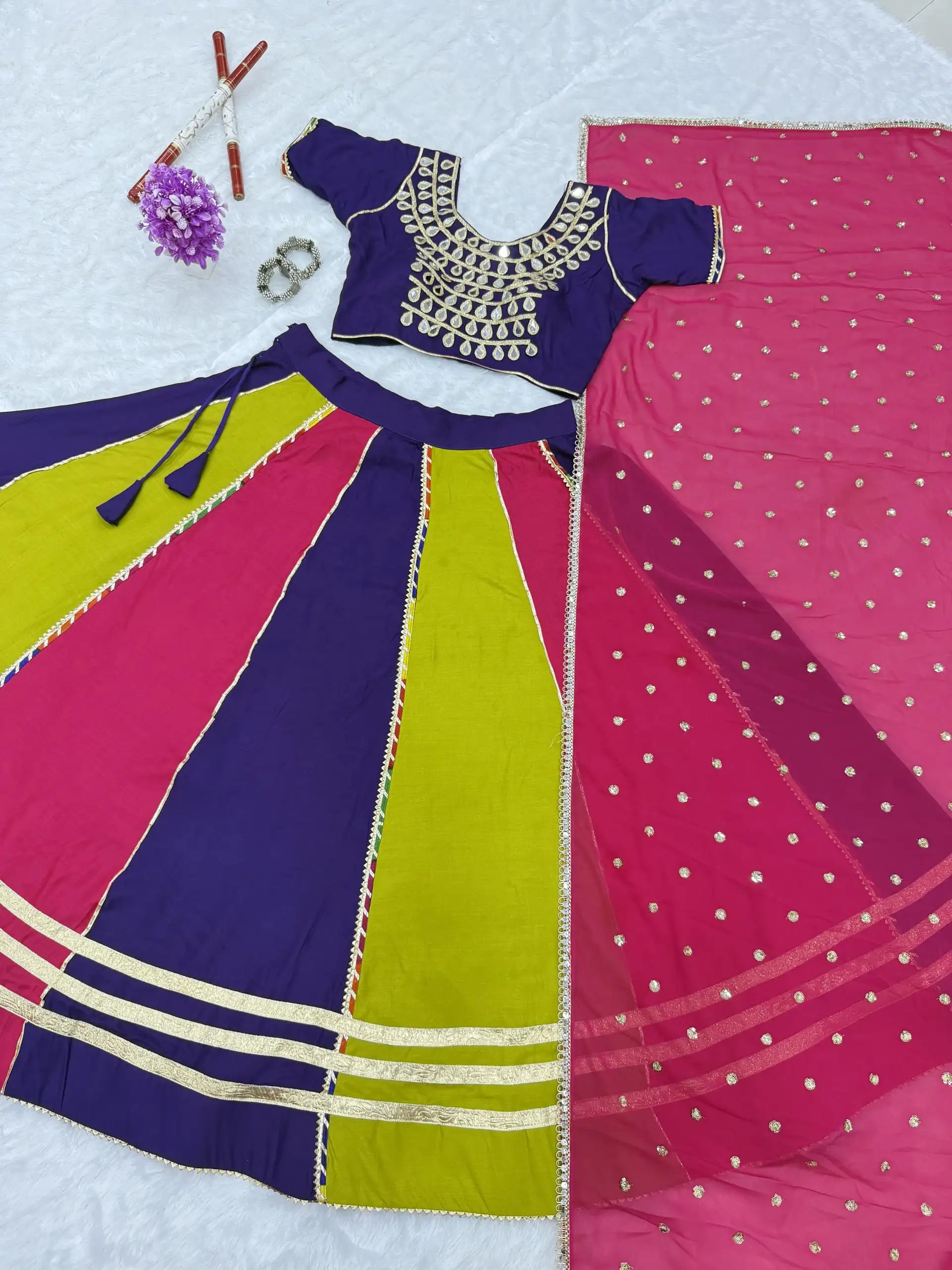 Multicolor Mirror Lace Lehenga Flat Lay Set Dandiya KL177