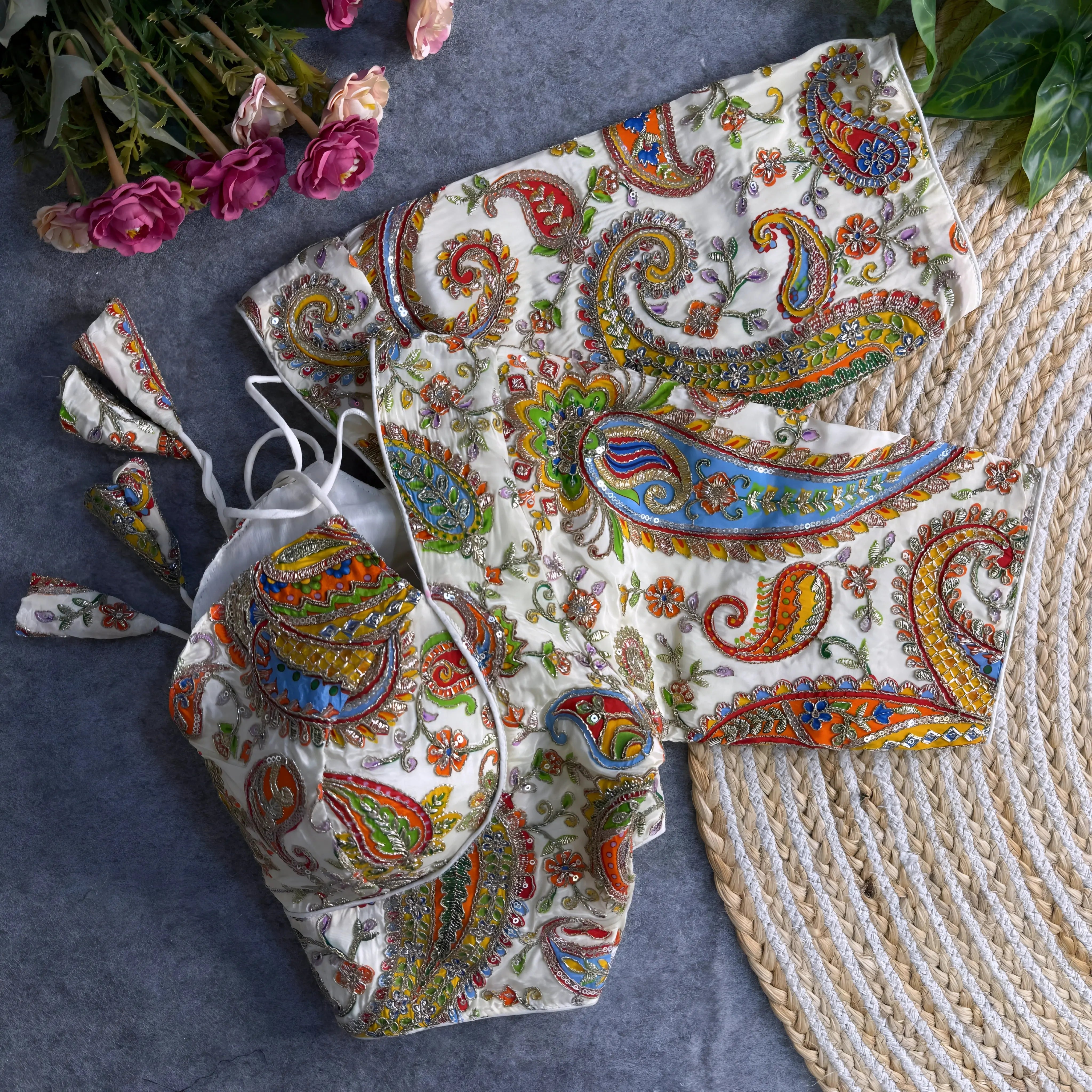 Multicolor paisley embroidered padded blouse with tie-up detail, displayed on a grey surface with artificial pink flowers and green leaves in the background.