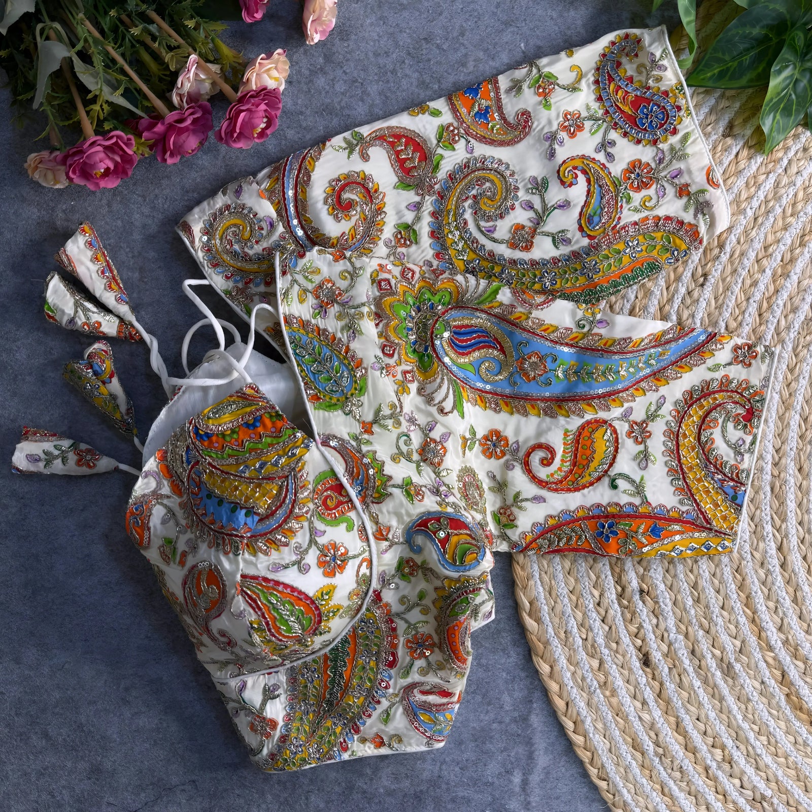 Multicolor paisley embroidered padded blouse with tie-up detail, displayed on a grey surface with artificial pink flowers and green leaves in the background.