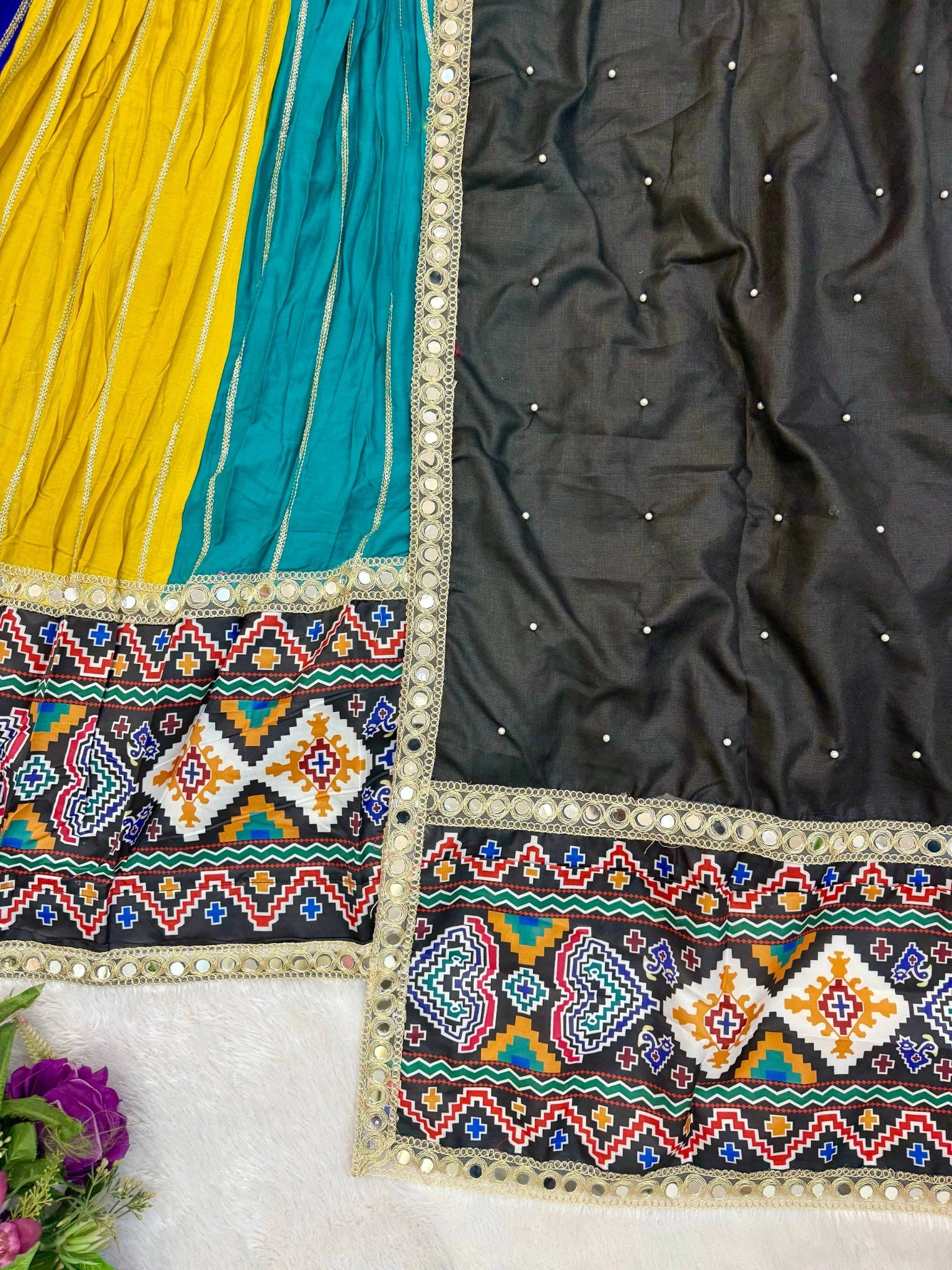Patola print lehenga border and dupatta flat lay detail – KL206