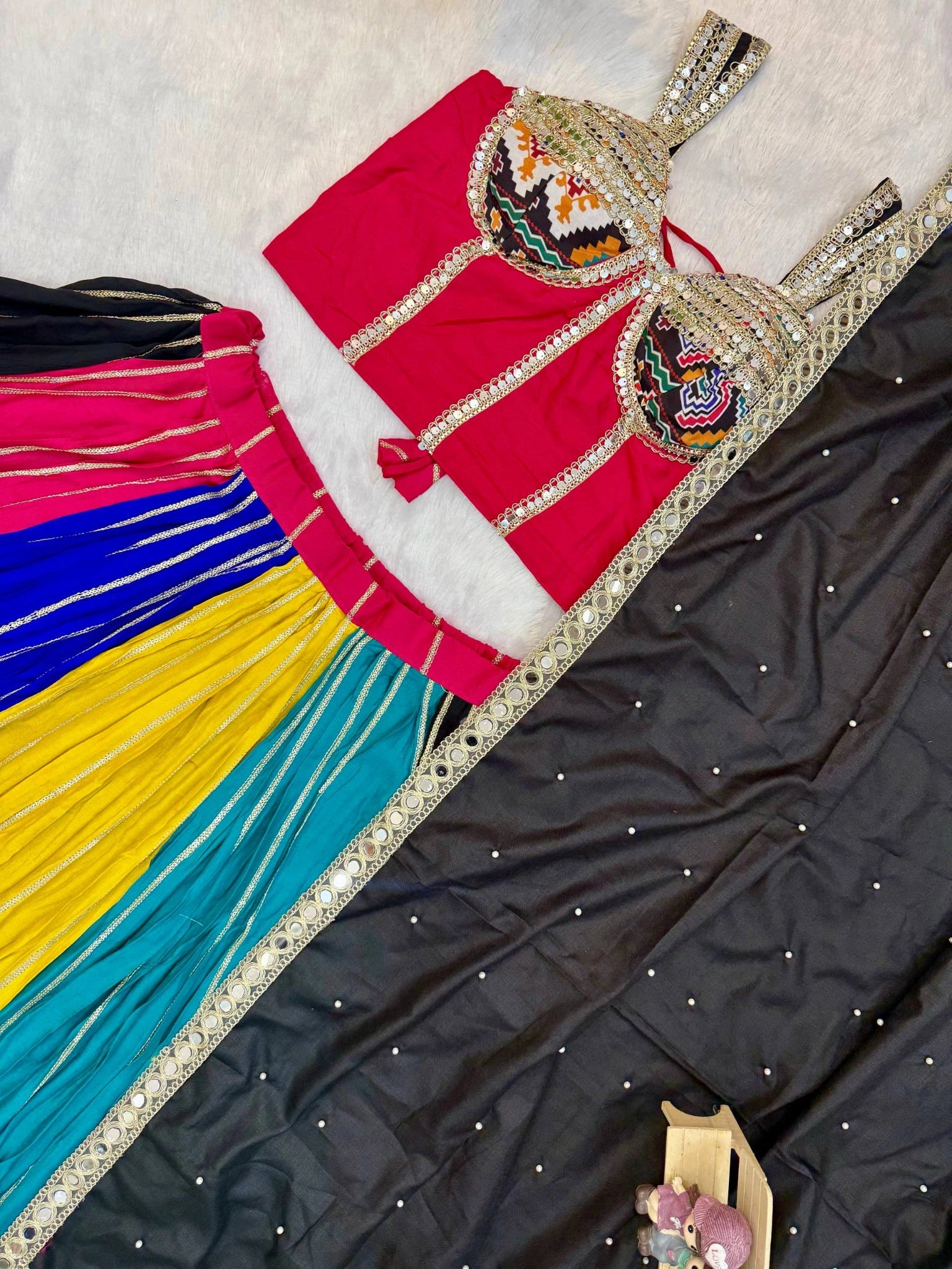 Multicolor Patola Lehenga flat lay with choli and dupatta – KL206