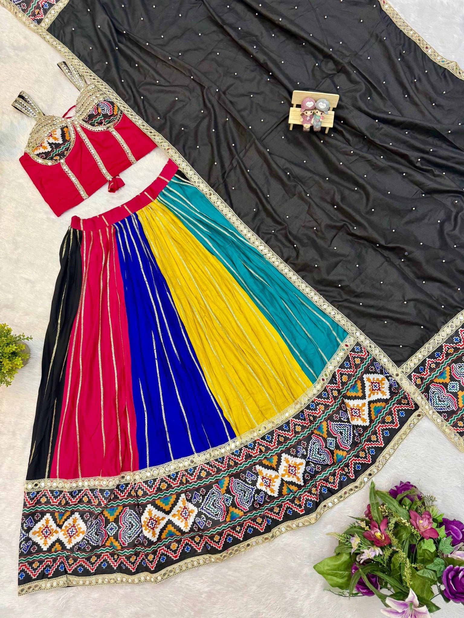 Rayon Blend Patola Lehenga Choli Dupatta full set flat lay – KL206
