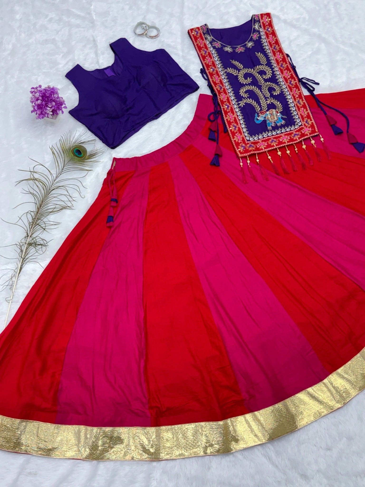 Multicolor Thread Embroidered Lehenga – flat lay lehenga detail – KL186 – Kalyanja