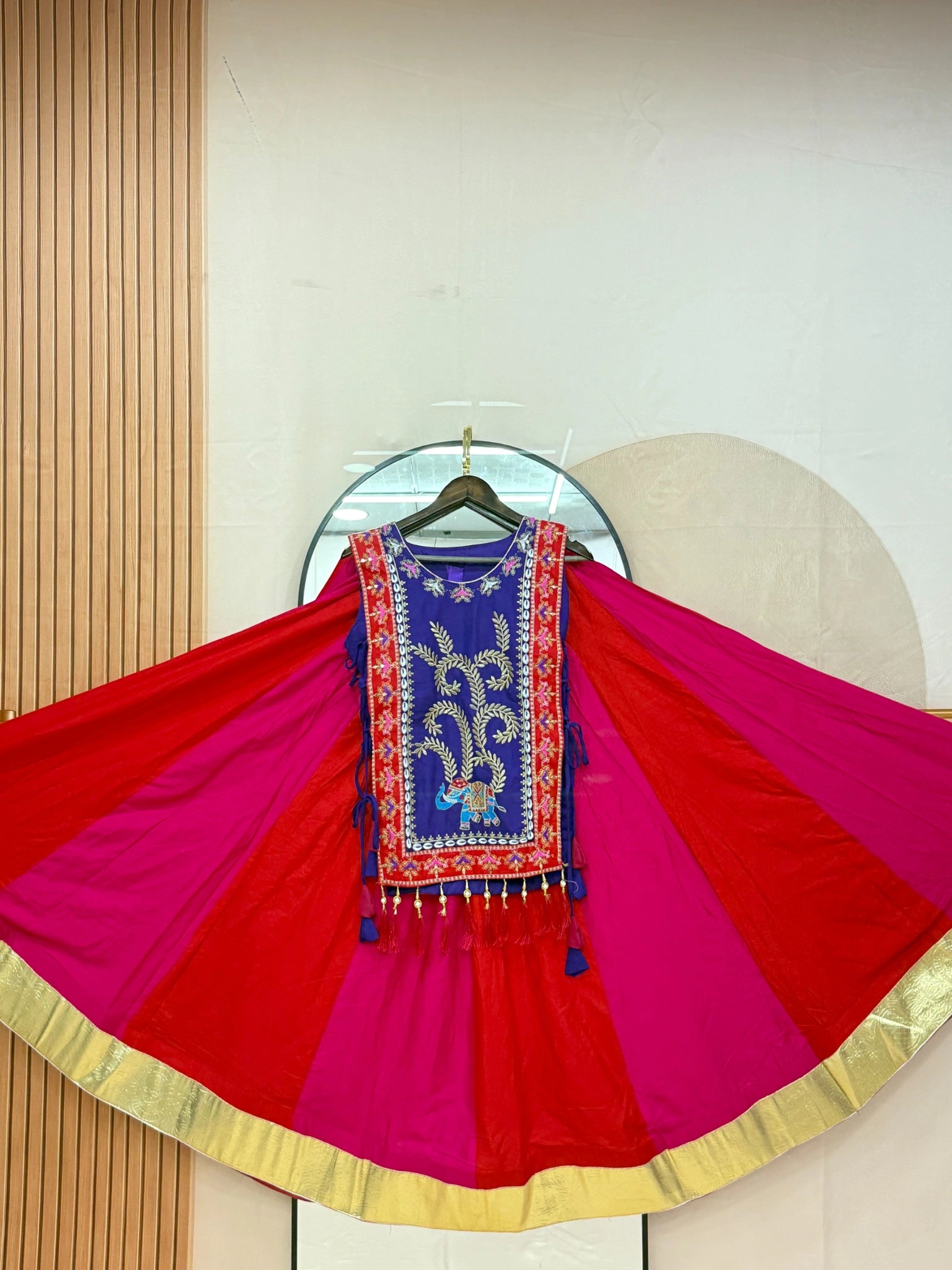 Multicolor Thread Embroidered Lehenga – hanging display full view – KL186 – Kalyanja