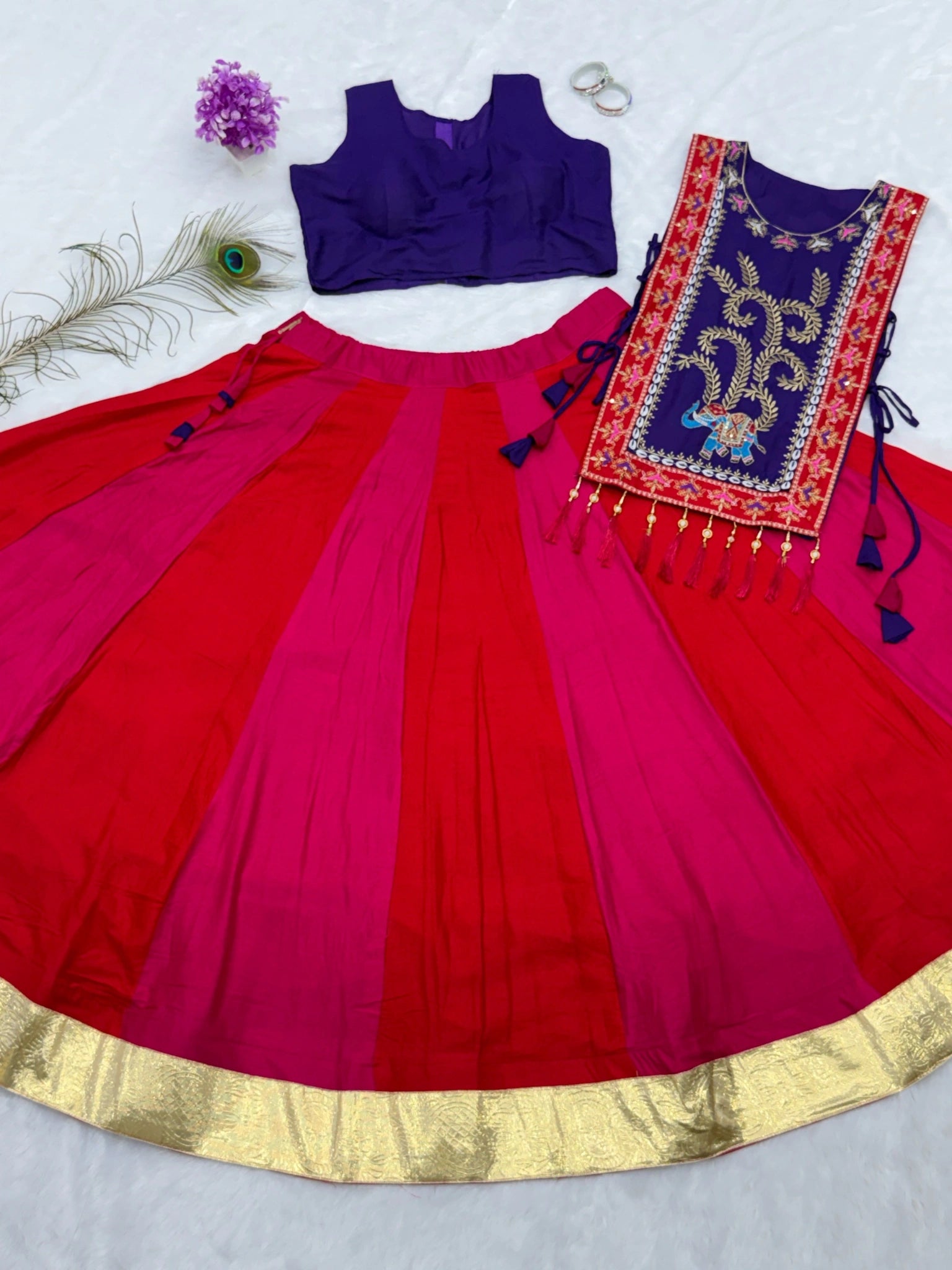 Multicolor Thread Embroidered Lehenga – flat lay all pieces – KL186 – Kalyanja
