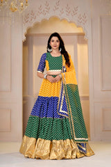 Multicolor Traditional Bandhani Print Lehenga Front View - Kalyanja KL191