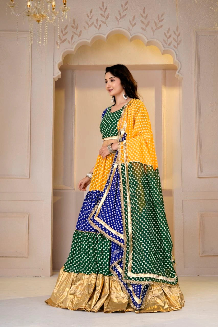 Multicolor Bandhani Print Lehenga Side Pose Full Flair - Kalyanja KL191