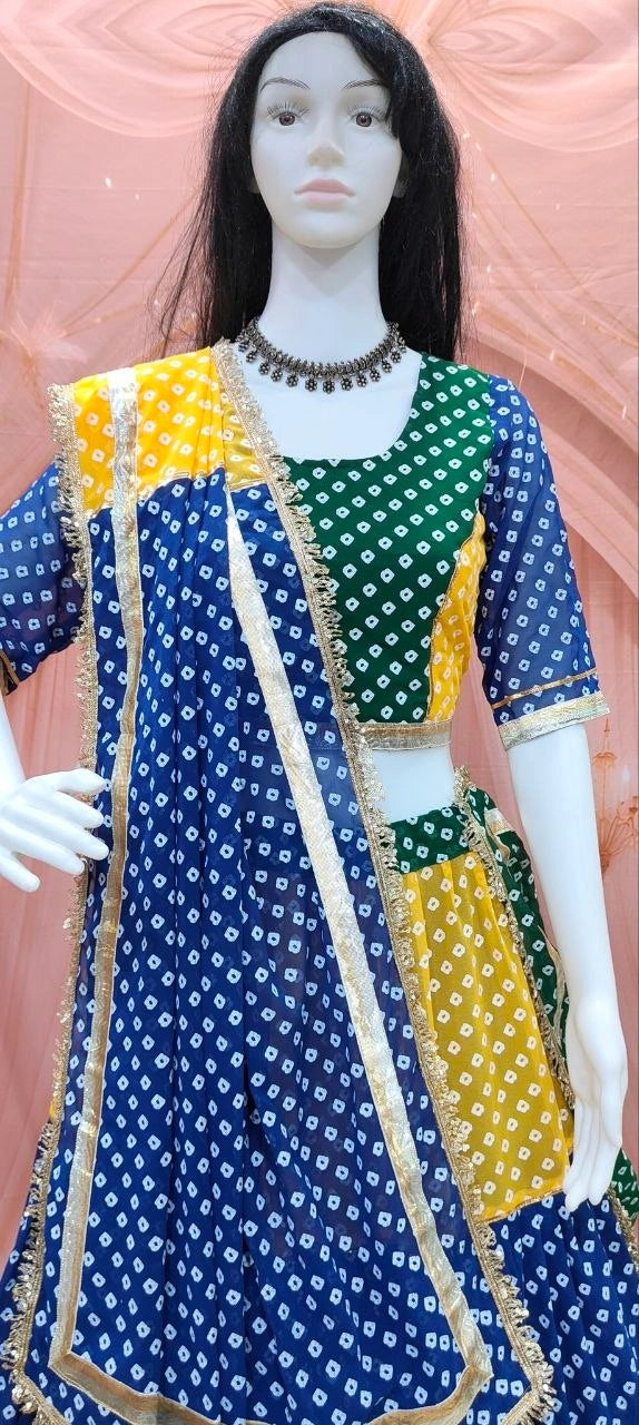 Multicolor Faux Georgette Lehenga with Gold Border - Kalyanja KL191
