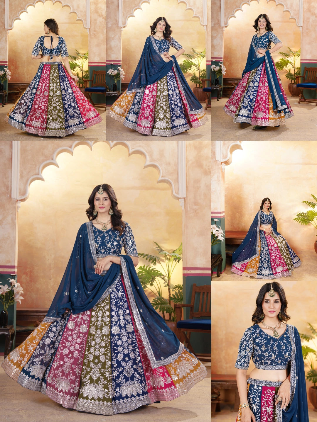 Multicolor Zari Embroidered Sequins Lehenga Multi Angle View - Kalyanja KL195