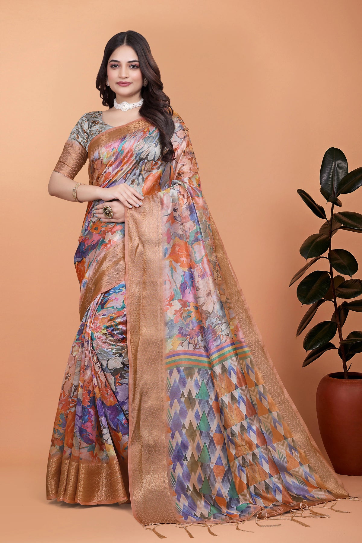 Multicolor Zari Weaving Saree front drape – Premium Crystal | Kalyanja KS354
