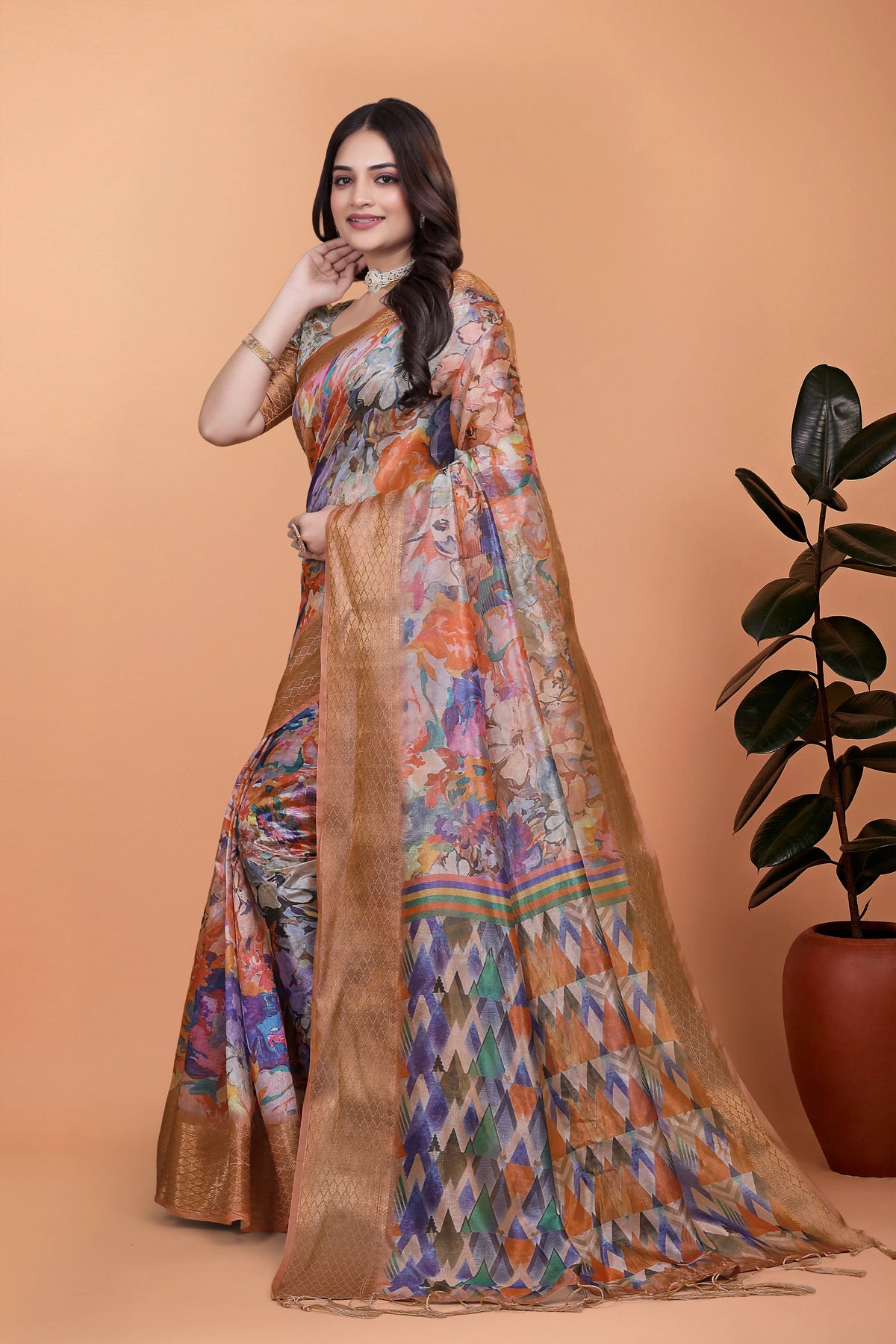 Multicolor Zari Weaving Saree full length view with zari border – Kalyanja KS354