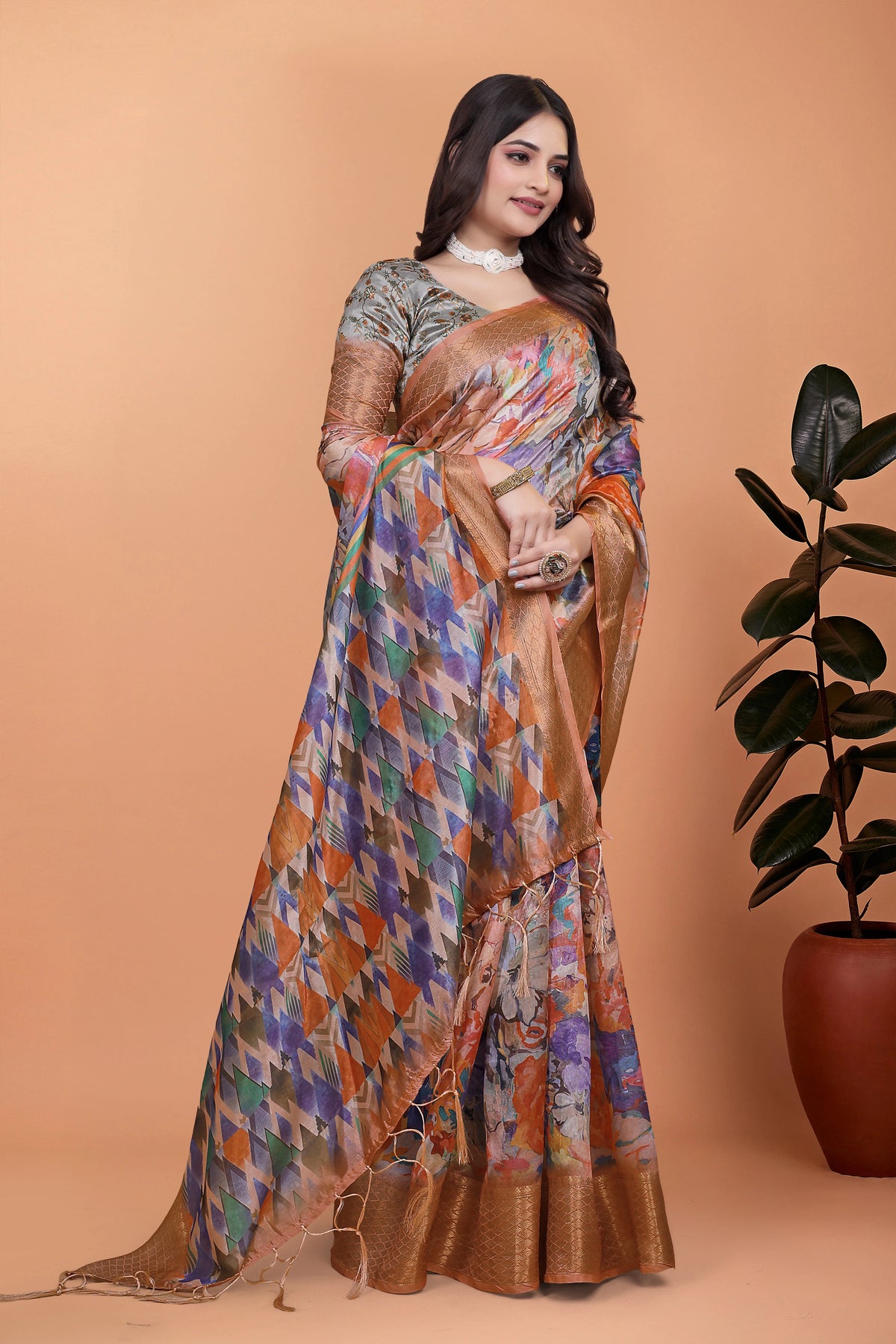 Multicolor Zari Weaving Saree angled drape with floral pallu – Kalyanja KS354