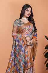 Multicolor Zari Weaving Saree geometric print close-up – Kalyanja KS354