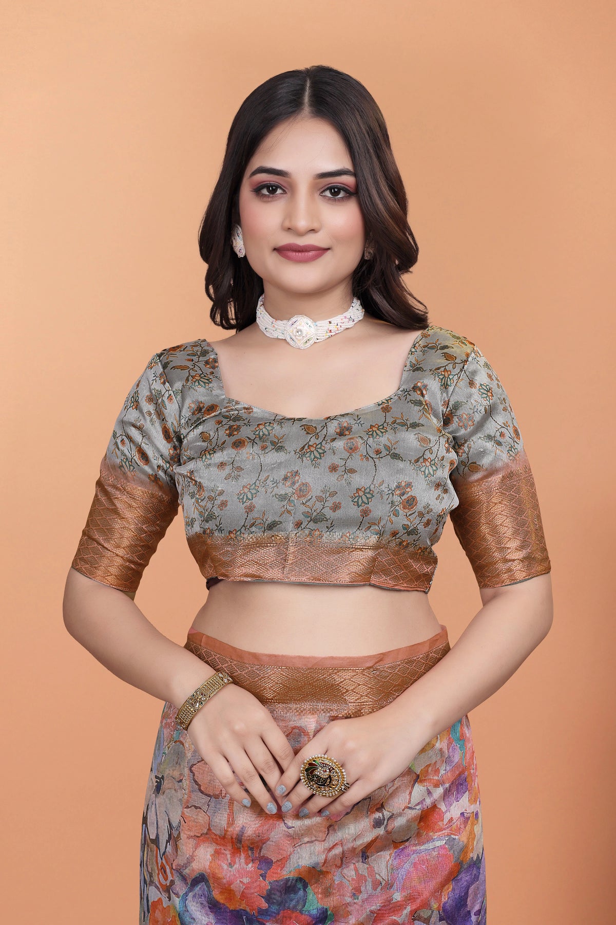 Multicolor Zari Weaving Saree blouse close-up Premium Crystal – Kalyanja KS354