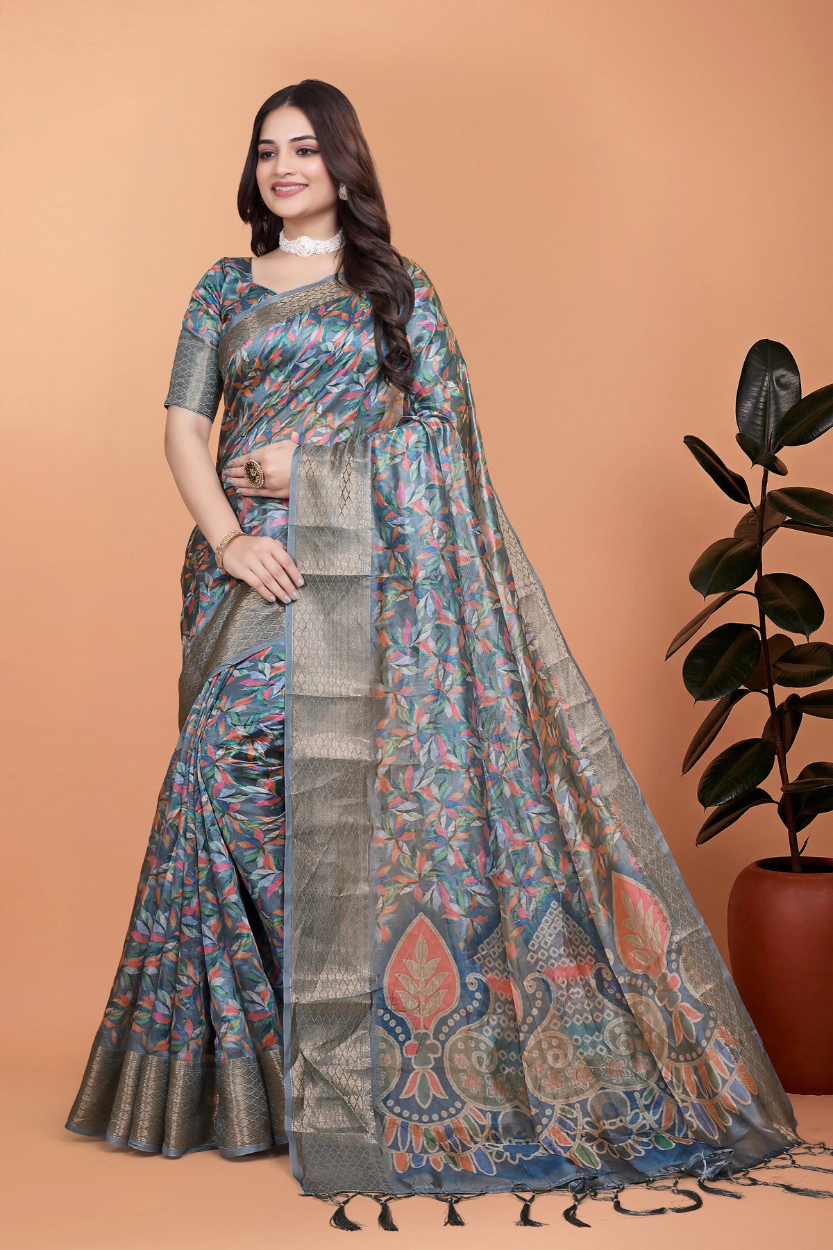 Multicolor Zari Weaving Premium Crystal Saree Hero Front View | Kalyanja KS357