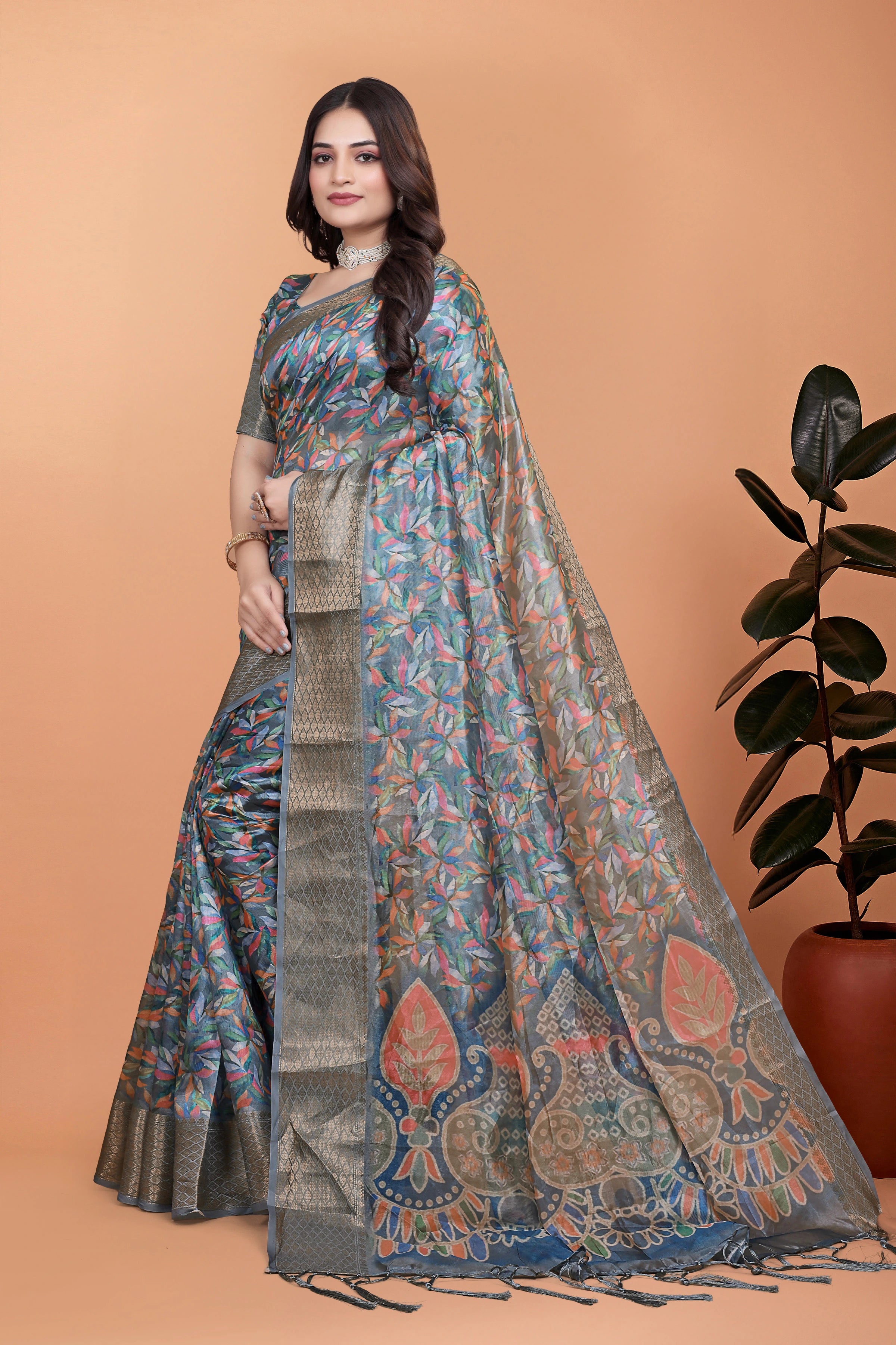 Multicolor Zari Weaving Saree Full Front Kalamkari Pallu View | Kalyanja KS357