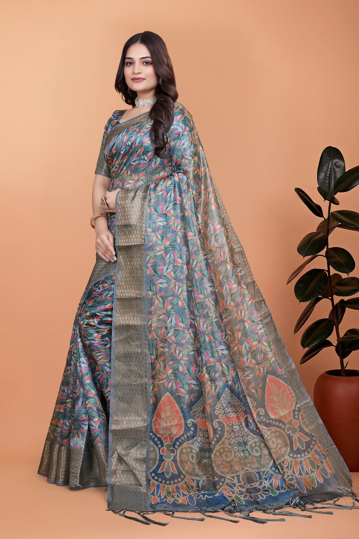 Multicolor Zari Weaving Saree Full Front Kalamkari Pallu View | Kalyanja KS357