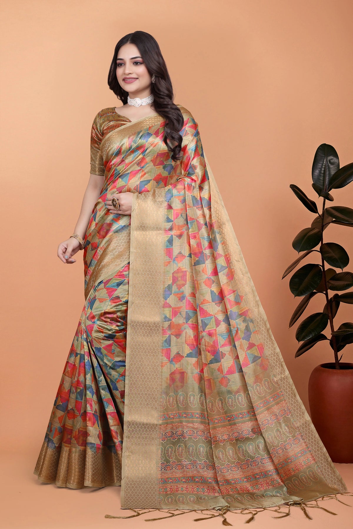 Multicolor Zari Weaving Saree Front Drape View Kalyanja KS385
