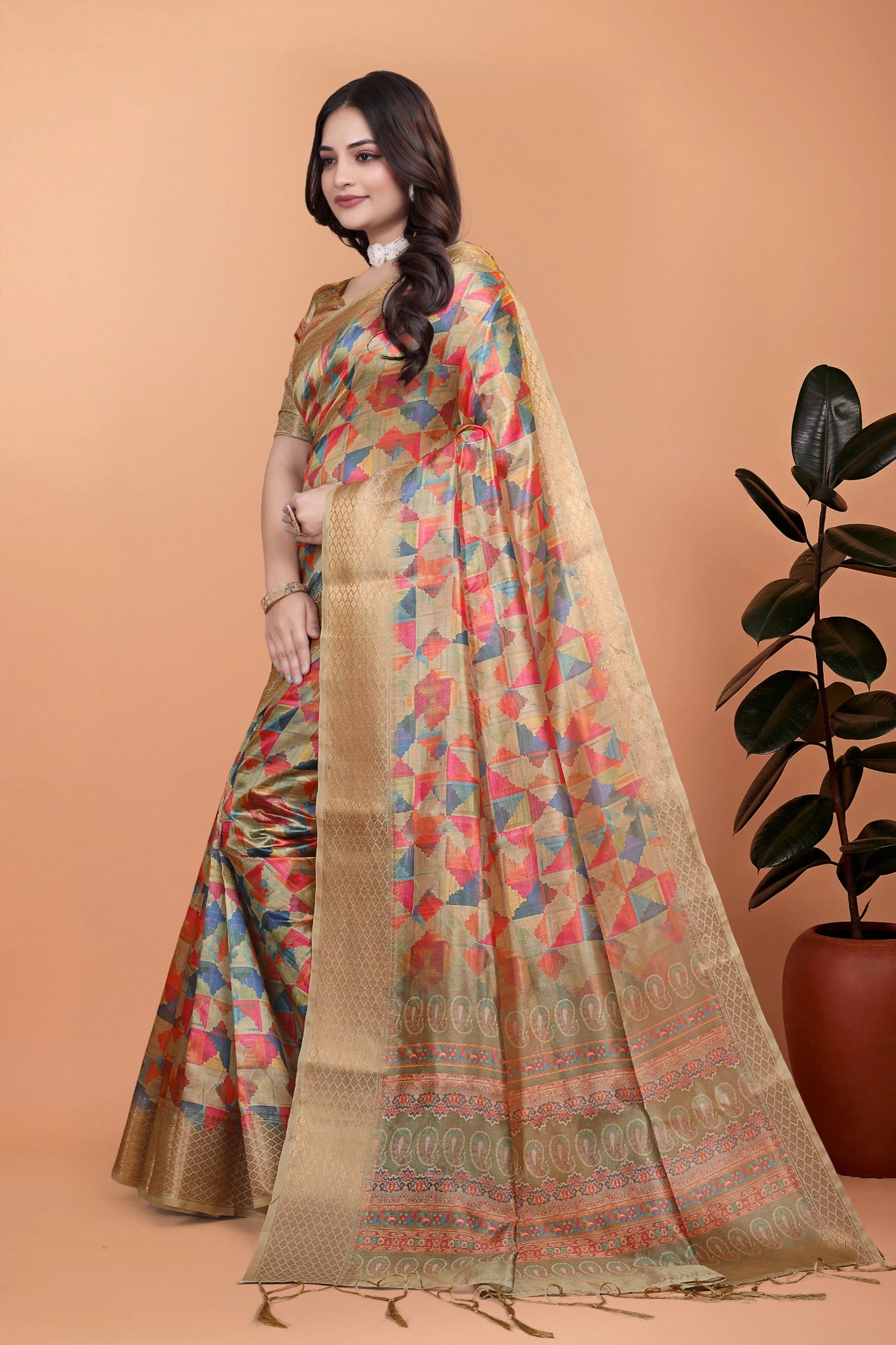 Multicolor Crystal Saree Full Front with Gold Zari Border Kalyanja KS385