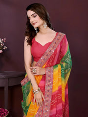 Multicolour Georgette Digital Print With Embroidery Work Saree