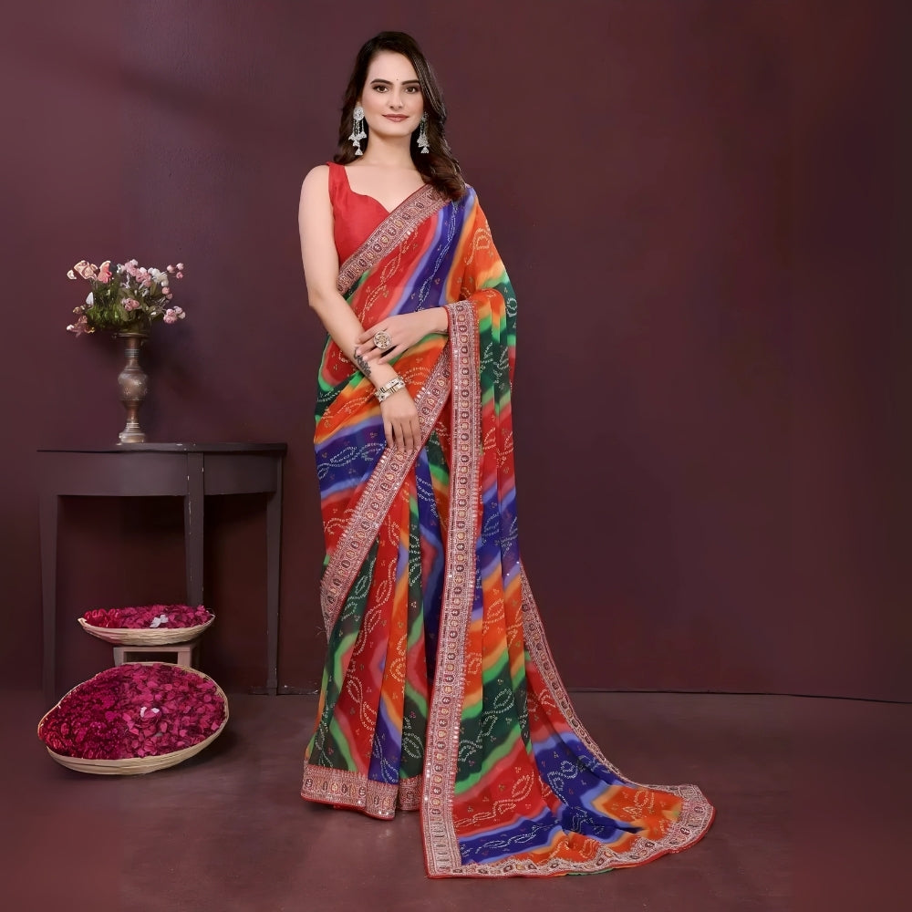 Multicolour Digital Print With Embroidery Work Georgette Saree