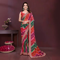 Multicolour Embroidery Work With Digital Print Georgette Saree