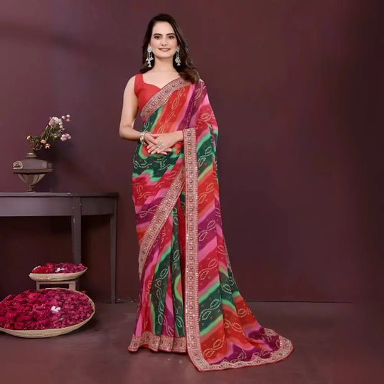 Multicolour Embroidery Work With Digital Print Georgette Saree