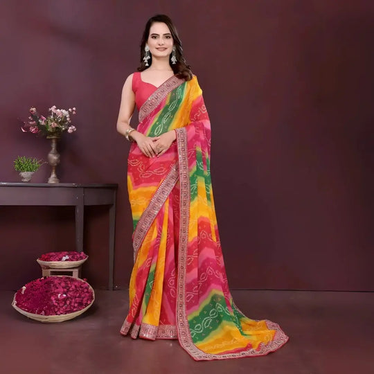 Multicolour Georgette Digital Print With Embroidery Work Saree