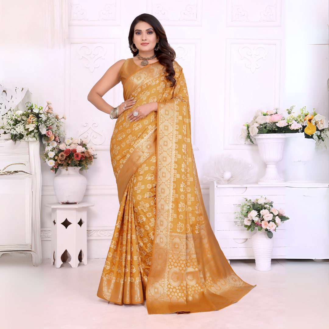 Mustard Yellow Zari Weaving Soft Satin Silk Saree