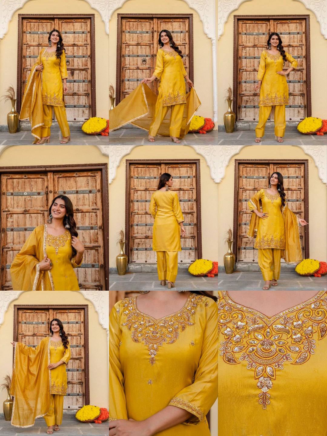 Mustard Yellow Beads Work Suit catalog collage – Kalyanja KU296
