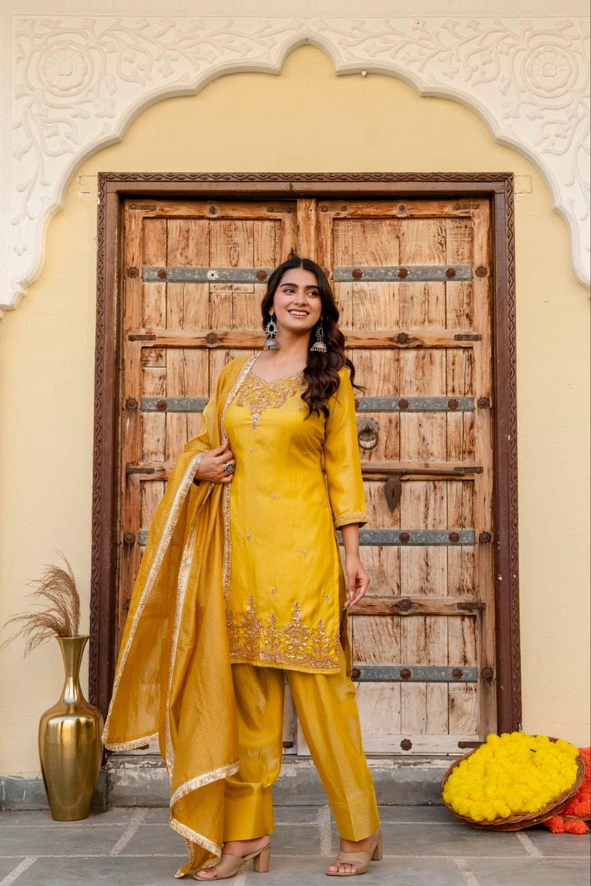 Mustard Yellow Beads Work Suit model full-length with dupatta – Kalyanja KU296
