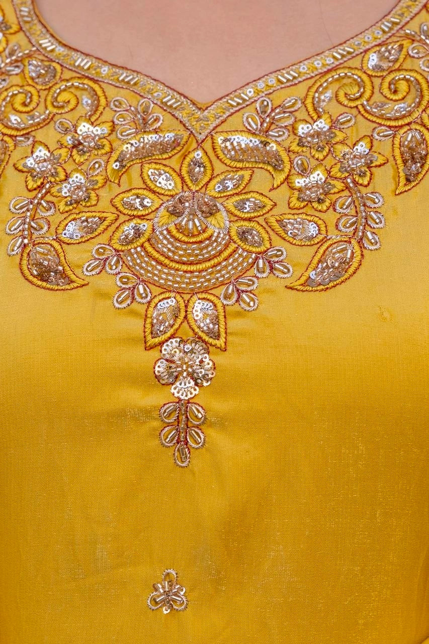 Mustard Yellow Beads Work Suit flat lay detail 24 – Kalyanja KU296