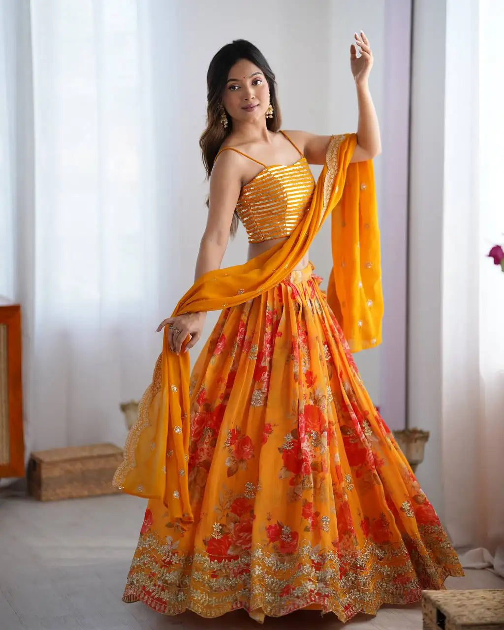Mustard Yellow Digital Floral Print Lehenga Faux Georgette Kalyanja KL174 1