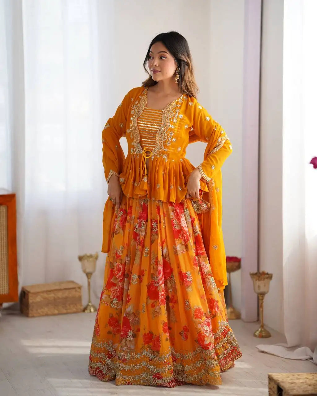Mustard Yellow Digital Floral Print Lehenga Faux Georgette Kalyanja KL174 2