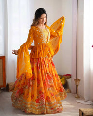 Mustard Yellow Digital Floral Print Lehenga Faux Georgette Kalyanja KL174 3
