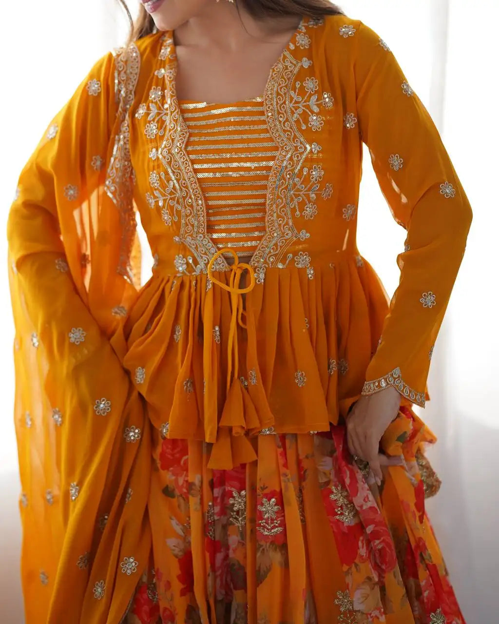 Mustard Yellow Digital Floral Print Lehenga Faux Georgette Kalyanja KL174 6