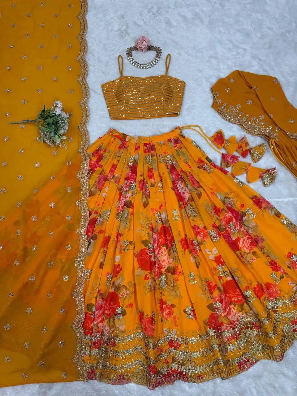 Mustard Yellow Digital Floral Print Lehenga Faux Georgette Kalyanja KL174 7