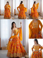 Mustard Yellow Digital Floral Print Lehenga Faux Georgette Kalyanja KL174 9