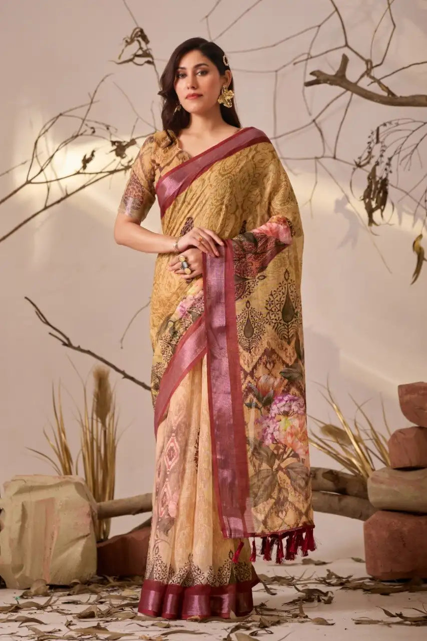 Mustard Yellow Digital Floral Print Linen Cotton Saree Front View | Kalyanja KS351