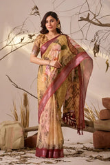 Mustard Yellow Digital Floral Print Saree with Contrast Maroon Border | Kalyanja KS351