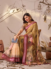 Mustard Yellow Digital Floral Print Saree Festive Look | Kalyanja KS351