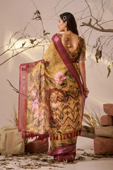 Mustard Yellow Digital Floral Print Saree Back View | Kalyanja KS351