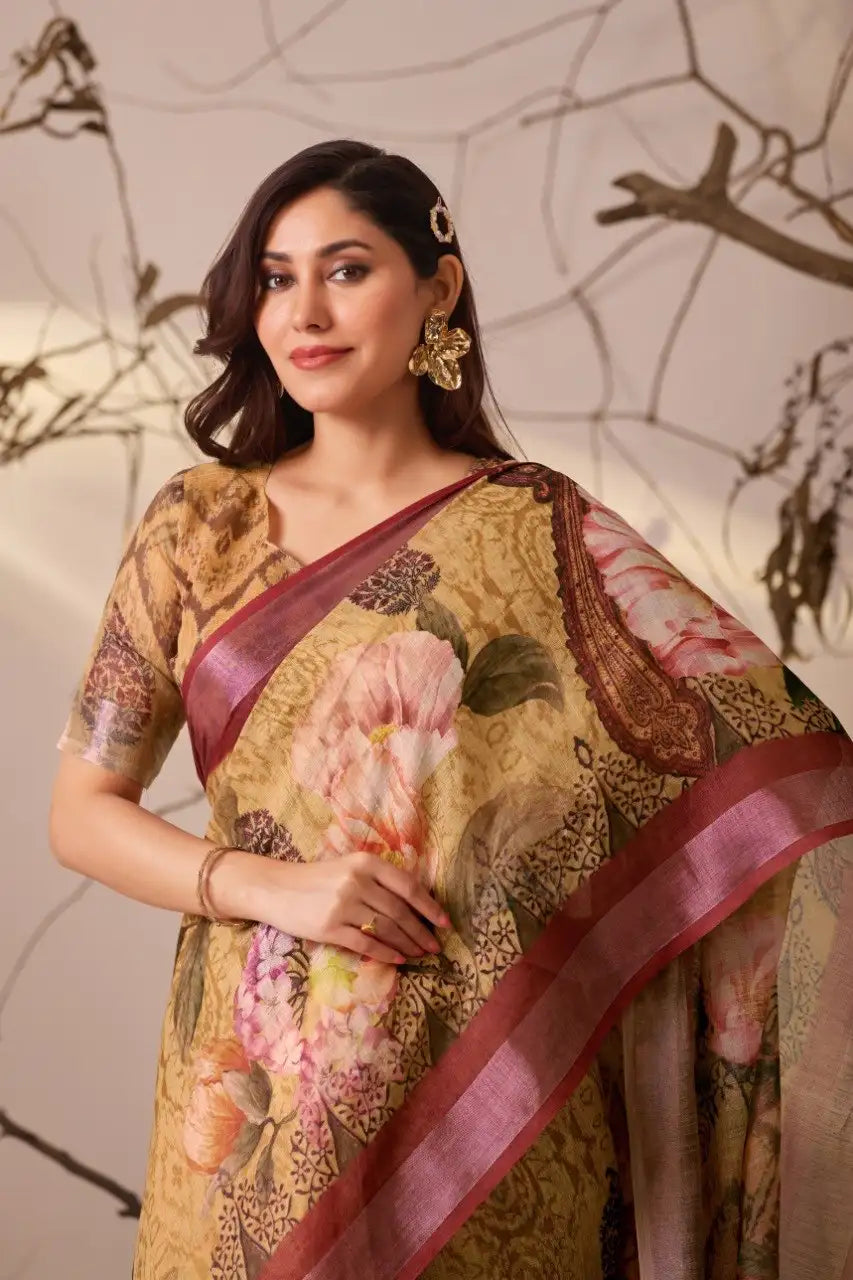 Mustard Yellow Saree Floral Printed Pallu Close-Up | Kalyanja KS351