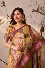 Mustard Yellow Saree Floral Printed Pallu Close-Up | Kalyanja KS351