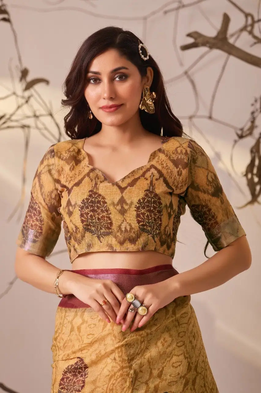 Mustard Yellow Linen Cotton Saree Blouse Close-Up | Kalyanja KS351