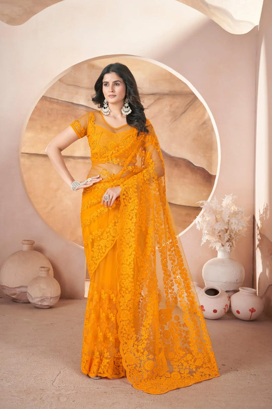 Mustard Yellow Embroidered Saree | Butterfly Net | KS391 | Kalyanja
