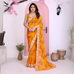 Mustard Yellow Rajwadi Bandhej Print with Heavy Embroidery Work Georgette Saree