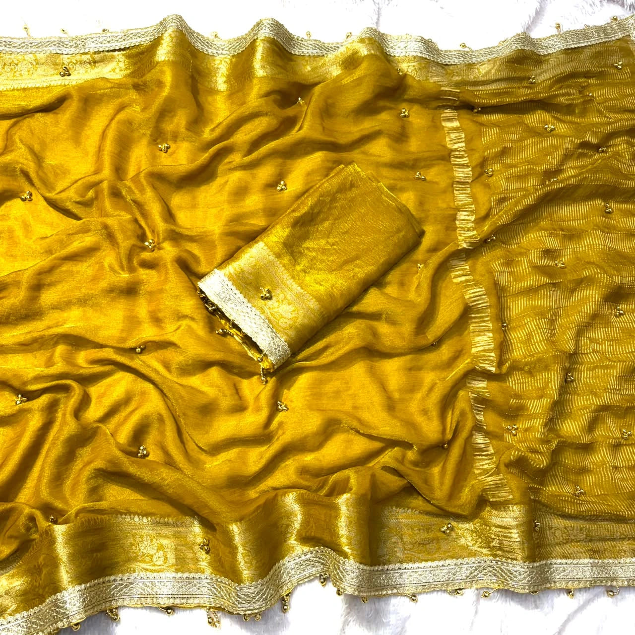 Mustard Yellow Ghungroo Work with Fancy Moti Lace Saree – full drape view