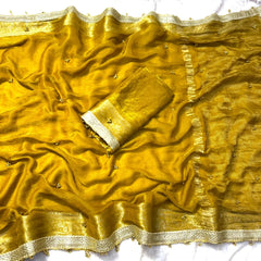 Mustard Yellow Ghungroo Work with Fancy Moti Lace Saree – full drape view
